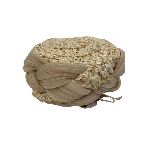 Vintage 50s Woodward & Lothrop Hat Beige Pleated Chiffon & Straw Pillbox Bow - Picture 1 of 7